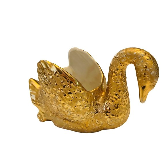 Gold Swan Planter Spring MCM 22 K Textured Ceramic 8" Vase Candy Dish Regency - Picture 1 of 12